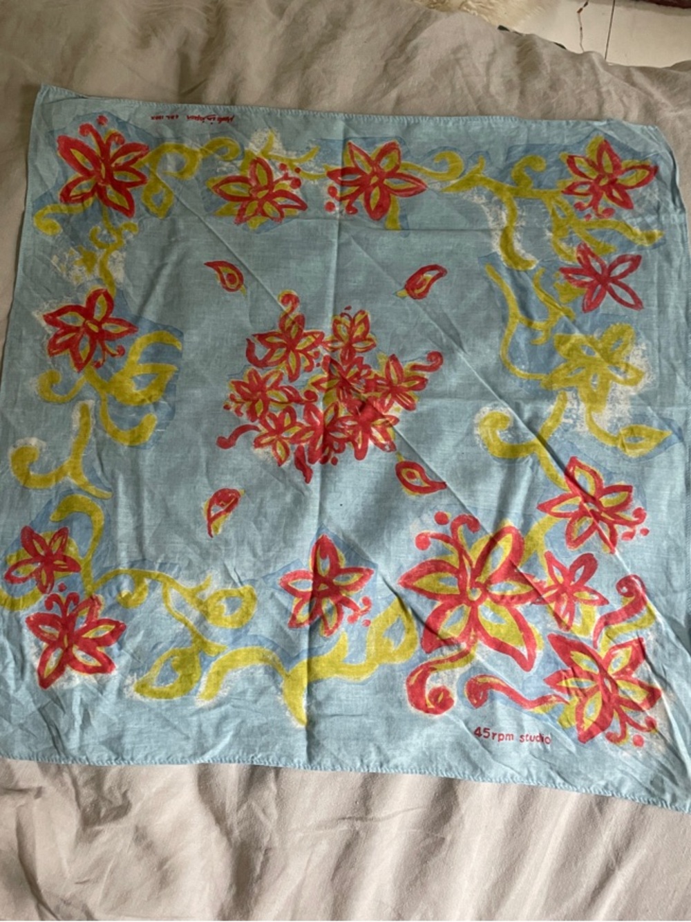45rpm Studio Floral Blue Cotton Scarf with Red & Yellow Print